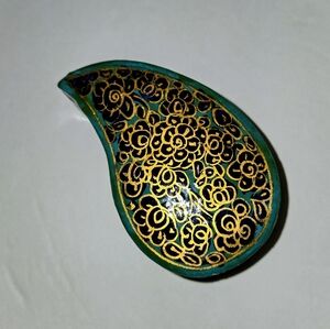 Handpainted Green and Gold Paisley Floral Trinket Box